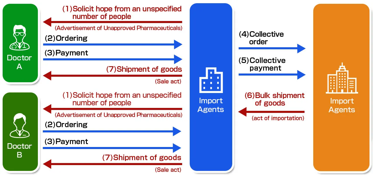 An import agent solicits hope from an unspecified number of people (advertisement of unapproved drugs). ②Order from an individual to an import agency. (3) Payment from the individual to the import agent. ④ Order from an import agent to an overseas company. ⑤Order from an import agency to an overseas company. ⑥Shipment of products from overseas traders to import agents (import act). ⑦Shipment of goods from an import agent to an individual (sales act).